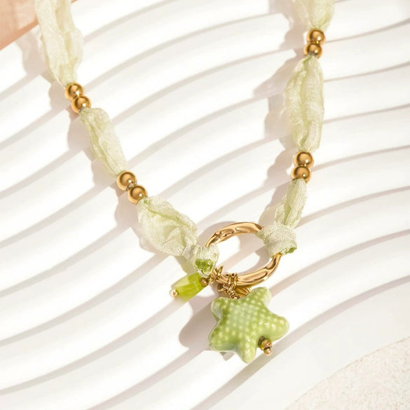 Women's Stainless Steel And Liuli Jewelry With Flower And Geometric Pattern Electroplated Woven Rope Gradient Star Bracelet And Necklace