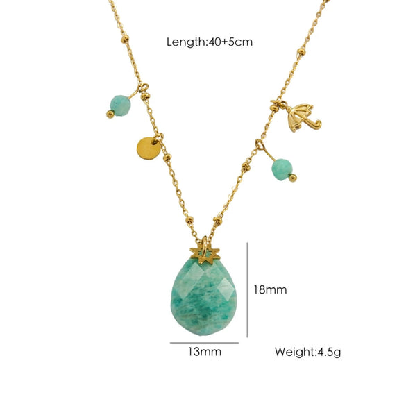 Women's Stainless Steel And Natural Stone Geometric Water Drop Pendant Necklace Set With Gemstones