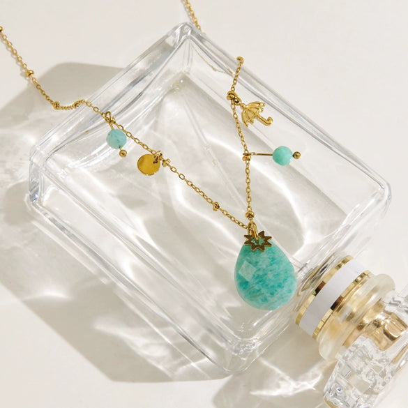 Women's Stainless Steel And Natural Stone Geometric Water Drop Pendant Necklace Set With Gemstones