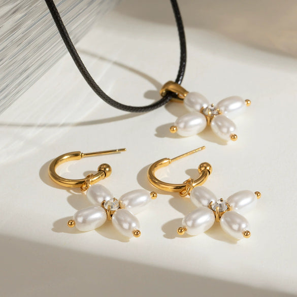 Women's Stainless Steel And Pearl Geometric Cshaped And Crossshaped Electroplated Earrings And Necklace