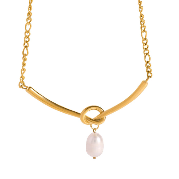 Women's Stainless Steel And Pearl Knot Pendant Necklace With Geometric Pattern And Electroplating French Retro Style