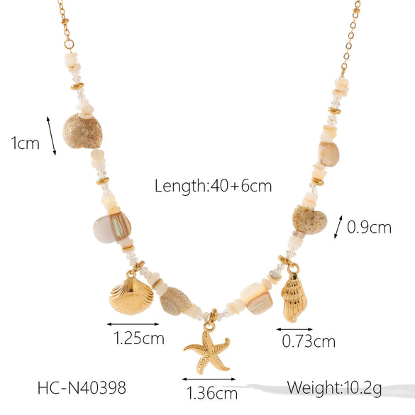 Women's Stainless Steel And Titanium Steel Beach Ocean Wind Pendant Necklace With Starfish Conch Shell Design And Electroplating