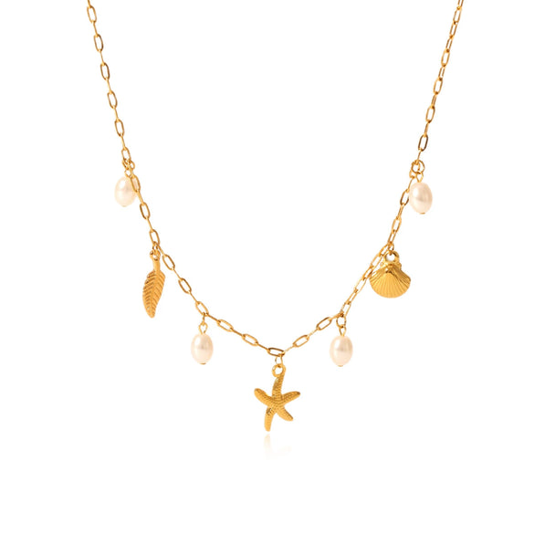Women's Stainless Steel And Titanium Steel Beach Ocean Wind Pendant Necklace With Starfish Conch Shell Design And Electroplating