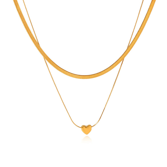 Women's Stainless Steel And Titanium Steel Blade Snake Bone Chain Doublelayer Necklace With Heart Pendant And Electroplating Design Ins Style
