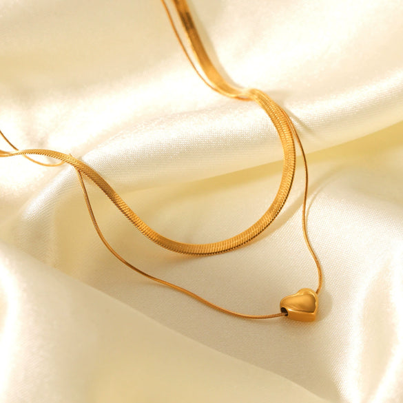 Women's Stainless Steel And Titanium Steel Blade Snake Bone Chain Doublelayer Necklace With Heart Pendant And Electroplating Design Ins Style