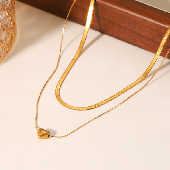 Women's Stainless Steel And Titanium Steel Blade Snake Bone Chain Doublelayer Necklace With Heart Pendant And Electroplating Design Ins Style