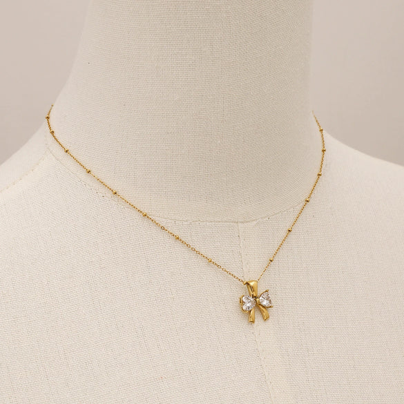 Women's Stainless Steel And Titanium Steel Bow Inlaid Zircon Pendant Necklace With Electroplating