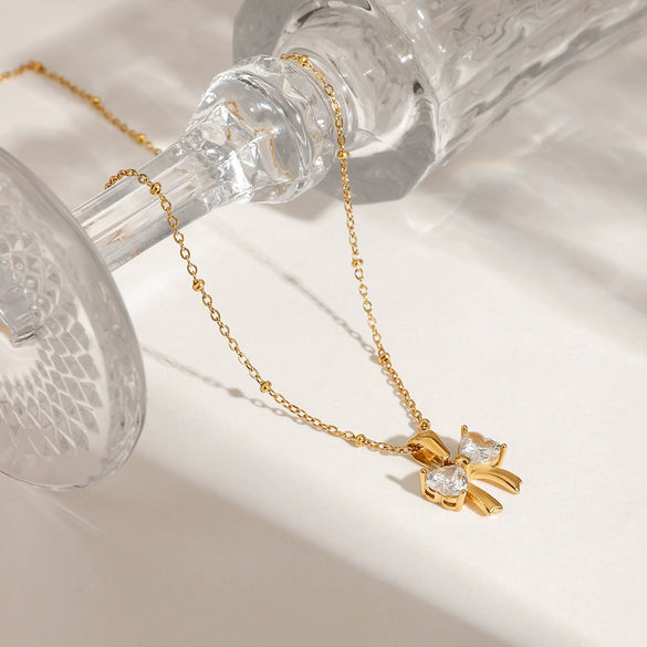 Women's Stainless Steel And Titanium Steel Bow Inlaid Zircon Pendant Necklace With Electroplating