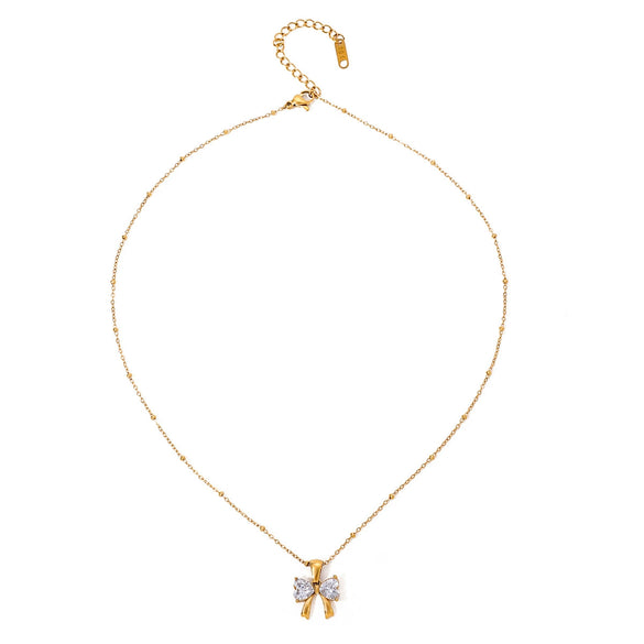 Women's Stainless Steel And Titanium Steel Bow White Zircon Pendant Necklace With Electroplating