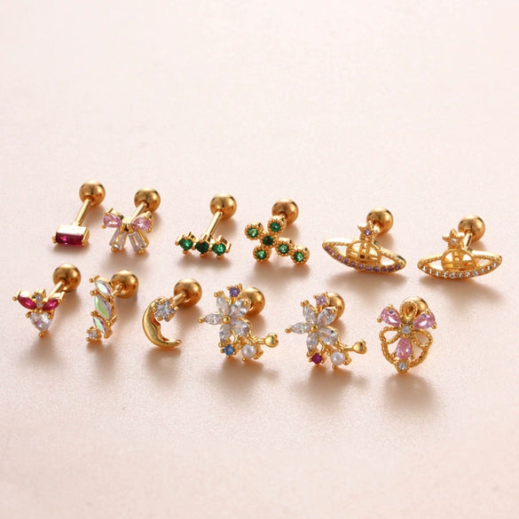 Women's Stainless Steel And Titanium Steel Ear Studs With Color Zircon Flower Planet Moon Design And Geometric Pattern Electroplated