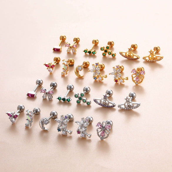 Women's Stainless Steel And Titanium Steel Ear Studs With Color Zircon Flower Planet Moon Design And Geometric Pattern Electroplated