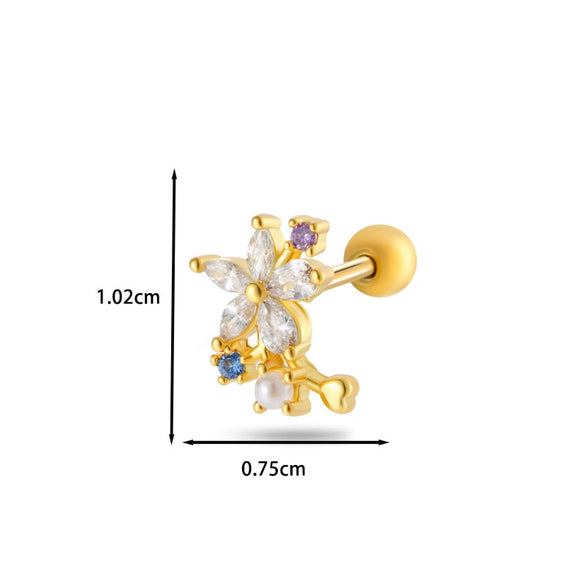 Women's Stainless Steel And Titanium Steel Ear Studs With Color Zircon Flower Planet Moon Design And Geometric Pattern Electroplated