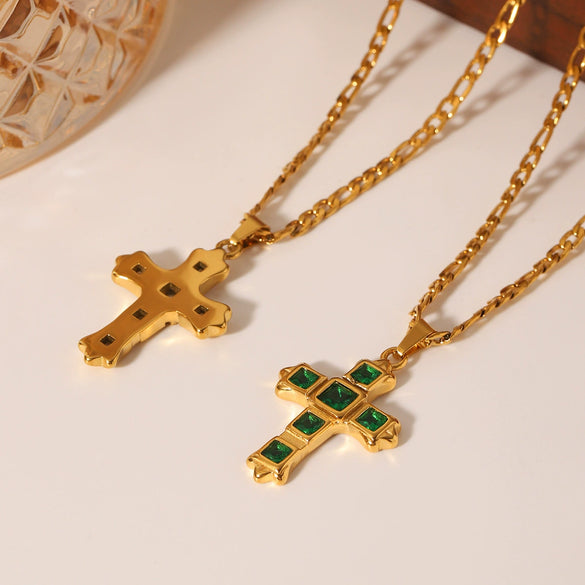 Women's Stainless Steel And Titanium Steel Figaro Chain Inlaid Zircon Geometric Cross Pendant Necklace
