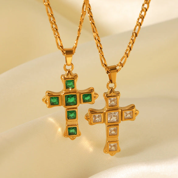 Women's Stainless Steel And Titanium Steel Figaro Chain Inlaid Zircon Geometric Cross Pendant Necklace