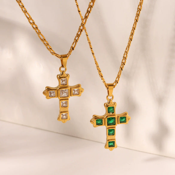 Women's Stainless Steel And Titanium Steel Figaro Chain Inlaid Zircon Geometric Cross Pendant Necklace