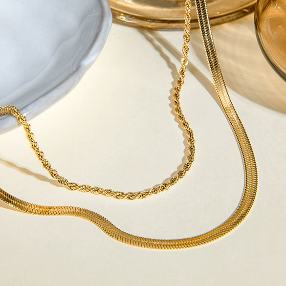 Women's Stainless Steel And Titanium Steel Geometric Double Layer Snake Bone Chain Necklace With Electroplating