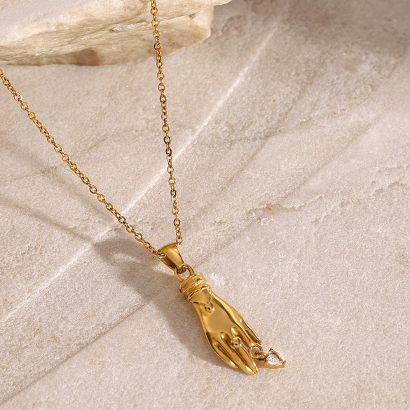Women's Stainless Steel And Titanium Steel Geometric Hand Pendant Necklace With Electroplating And White Zircon