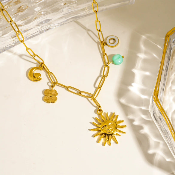 Women's Stainless Steel And Titanium Steel Geometric Sun Pendant Necklace With Electroplating And Cuban Chain