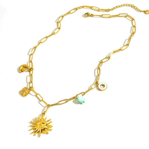 Women's Stainless Steel And Titanium Steel Geometric Sun Pendant Necklace With Electroplating And Cuban Chain