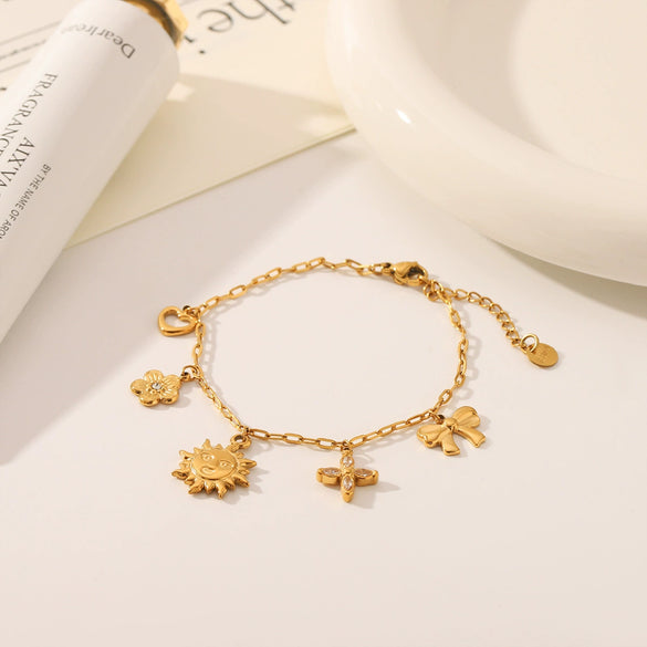 Women's Stainless Steel And Titanium Steel Heart Flowers Bow Pendant Bracelet With Vacuum Plating And Electroplating Treatment