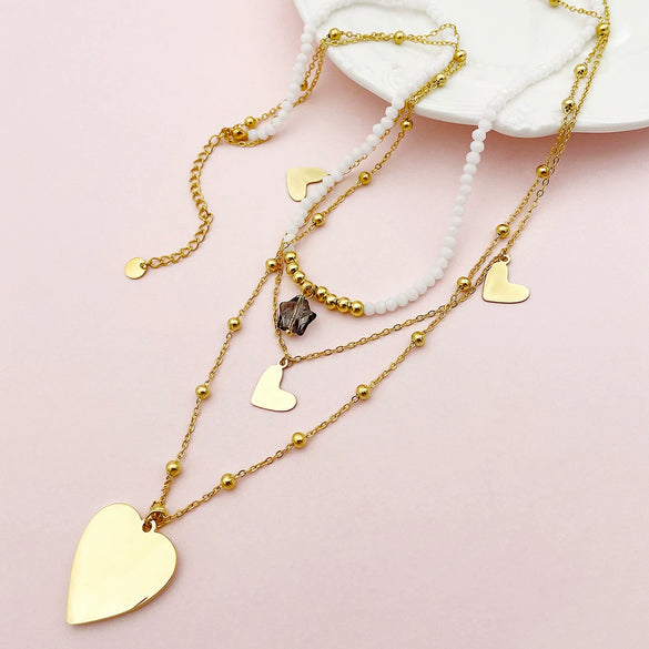 Women's Stainless Steel And Titanium Steel Heartshaped Star Pendant Multilayer Necklace With Electroplating