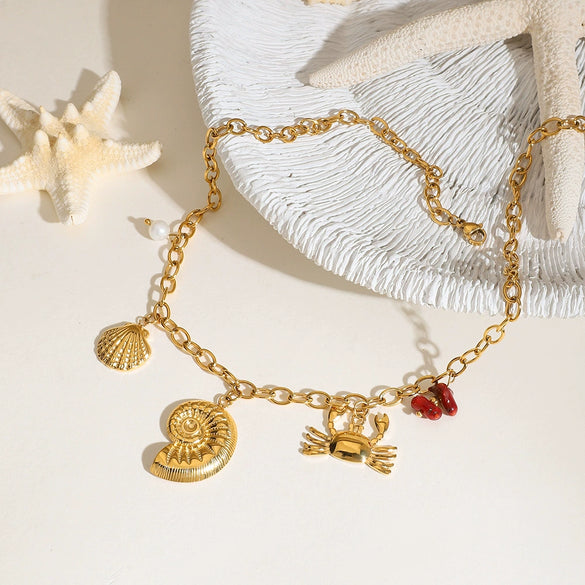 Women's Stainless Steel And Titanium Steel Ins Style Conch Crab Rib Shell Pendant Necklace With Electroplating