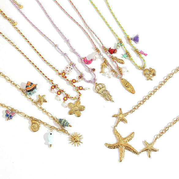 Women's Stainless Steel And Titanium Steel Marine Style Necklace With Animal Zodiac And Flower Pendant Electroplated O Word Chain