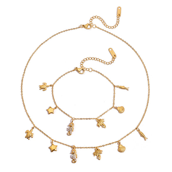 Women's Stainless Steel And Titanium Steel Necklace And Bracelet With Marine Life Pattern And Electroplating Design