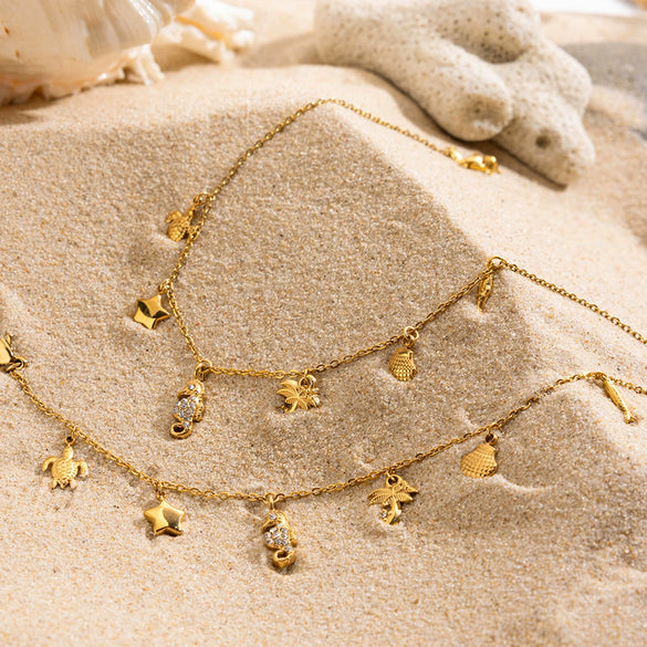 Women's Stainless Steel And Titanium Steel Necklace And Bracelet With Marine Life Pattern And Electroplating Design