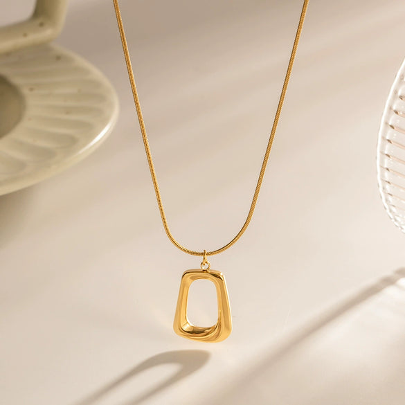 Women's Stainless Steel And Titanium Steel Necklace With Trapezoidal Pendant And Geometric Style Electroplated Design Snake Bone Chain