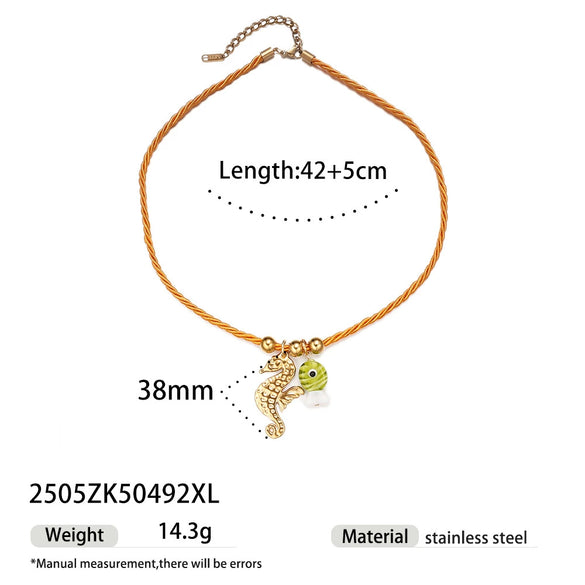 Women's Stainless Steel And Titanium Steel Ocean Element Shell Colorful Rope Pendant Necklace With Animal And Zodiac Shapes And Electroplating Design Jewelry
