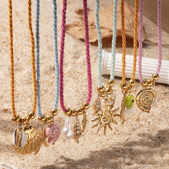 Women's Stainless Steel And Titanium Steel Ocean Element Shell Colorful Rope Pendant Necklace With Animal And Zodiac Shapes And Electroplating Design Jewelry