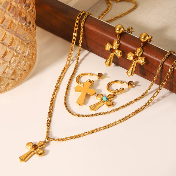 Women's Stainless Steel And Titanium Steel Twist Chain Double Layer Necklace With Cross Pendant And Geometric Pattern Inlaid With Tiger Eye Stone And Turquoise Earrings