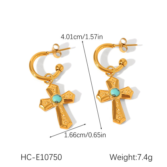 Women's Stainless Steel And Titanium Steel Twist Chain Double Layer Necklace With Cross Pendant And Geometric Pattern Inlaid With Tiger Eye Stone And Turquoise Earrings