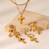 Women's Stainless Steel And Titanium Steel Twist Chain Double Layer Necklace With Cross Pendant And Geometric Pattern Inlaid With Tiger Eye Stone And Turquoise Earrings