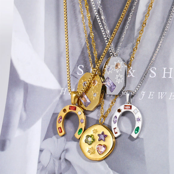 Women's Stainless Steel And Titanium Steel U Shaped Geometric Kaleidoscope Lucky Symbol Inlaid Zirconium Necklace With Furnace Vacuum Plating And Color Preservation