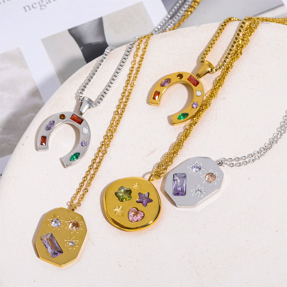 Women's Stainless Steel And Titanium Steel U Shaped Geometric Kaleidoscope Lucky Symbol Inlaid Zirconium Necklace With Furnace Vacuum Plating And Color Preservation