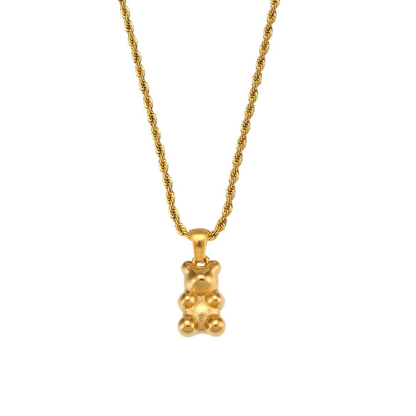 Women's Stainless Steel Animal Bear Pendant Twist Chain Necklace With Geometric Style And 18K Gold Plated Electroplating