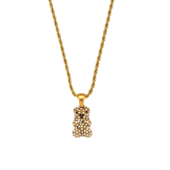 Women's Stainless Steel Animal Bear Pendant Twist Chain Necklace With Geometric Style And 18K Gold Plated Electroplating