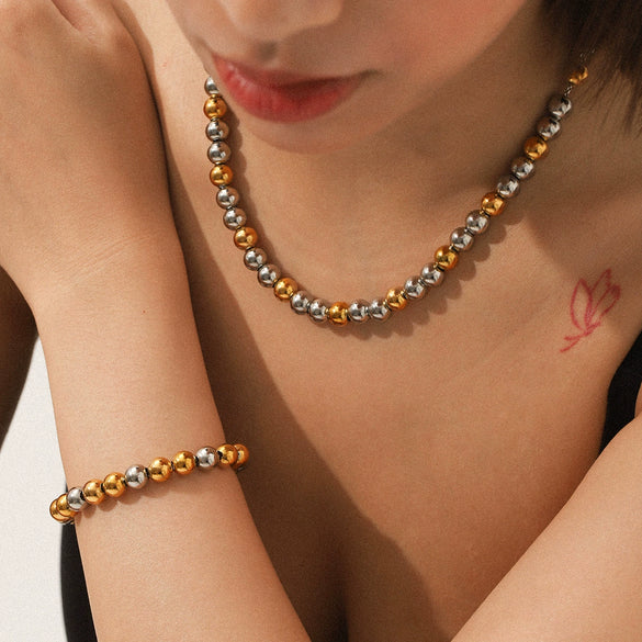 Women's Stainless Steel Ball Chain Geometric Pattern Electroplated Light Luxury Necklace And Bracelet