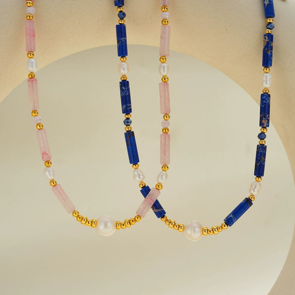 Women's Stainless Steel Bamboo Bead And Pearl Inlaid Geometric Necklace With 18K Gold Vacuum Plating