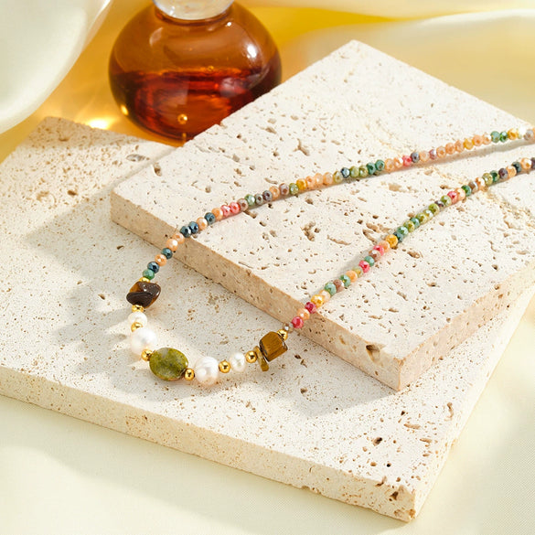 Women's Stainless Steel Beaded Collarbone Necklace With Natural Stone Pearls And Geometric Vacuum Electroplated Design