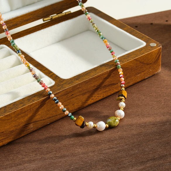 Women's Stainless Steel Beaded Collarbone Necklace With Natural Stone Pearls And Geometric Vacuum Electroplated Design