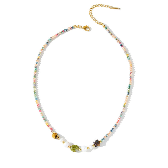 Women's Stainless Steel Beaded Collarbone Necklace With Natural Stone Pearls And Geometric Vacuum Electroplated Design
