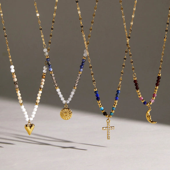 Women's Stainless Steel Beaded Cross Necklace With Natural Tiger Eye Stone Pendant And Geometric Pvd Gold Plated Chain
