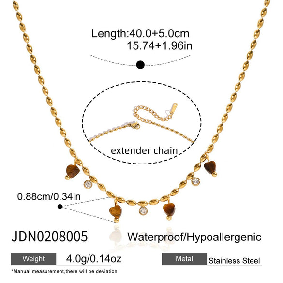 Women's Stainless Steel Beaded Cross Necklace With Natural Tiger Eye Stone Pendant And Geometric Pvd Gold Plated Chain