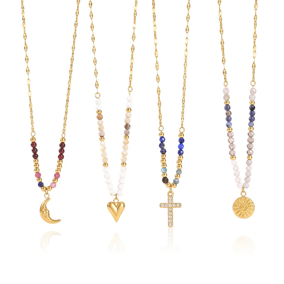 Women's Stainless Steel Beaded Cross Necklace With Natural Tiger Eye Stone Pendant And Geometric Pvd Gold Plated Chain