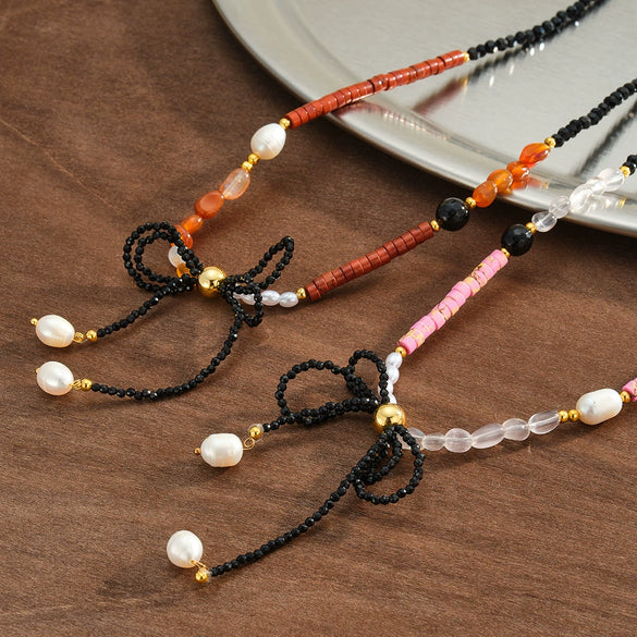 Women's Stainless Steel Beaded Necklace With Bow Knot Pearl And Acrylic Geometric Design 18K Vacuum Plated Light Luxury Jewelry