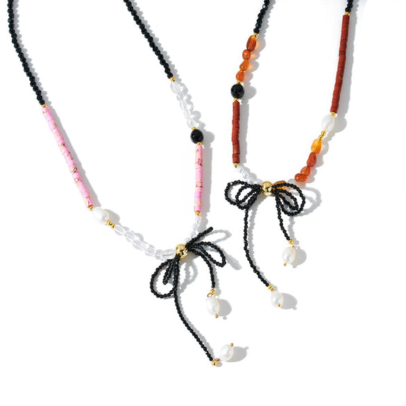 Women's Stainless Steel Beaded Necklace With Bow Knot Pearl And Acrylic Geometric Design 18K Vacuum Plated Light Luxury Jewelry