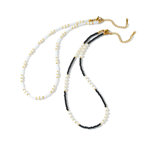 Women's Stainless Steel Beaded Necklace With Pearl And White Shell Accents Geometric Pattern And Vacuum Plated Finish
